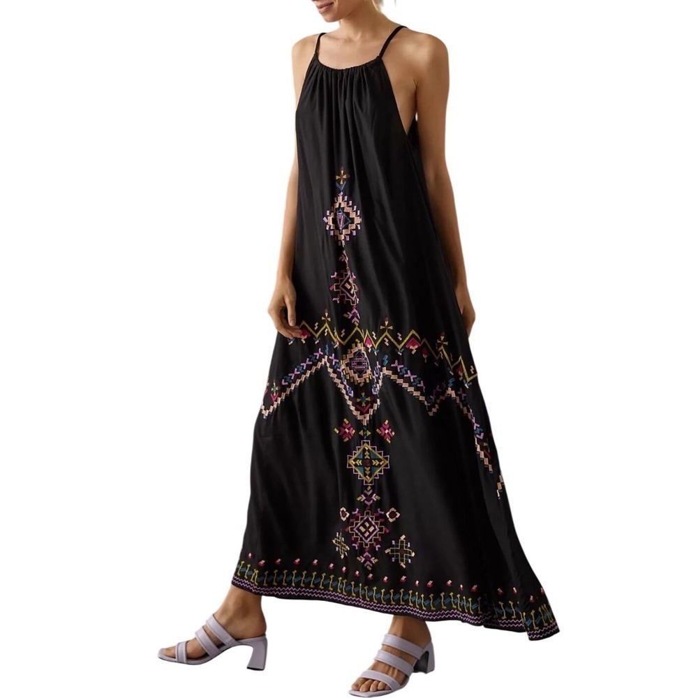 Anthropologie Embroidered Boho Maxi Dress Black Tie Strap Women's Size X-Small